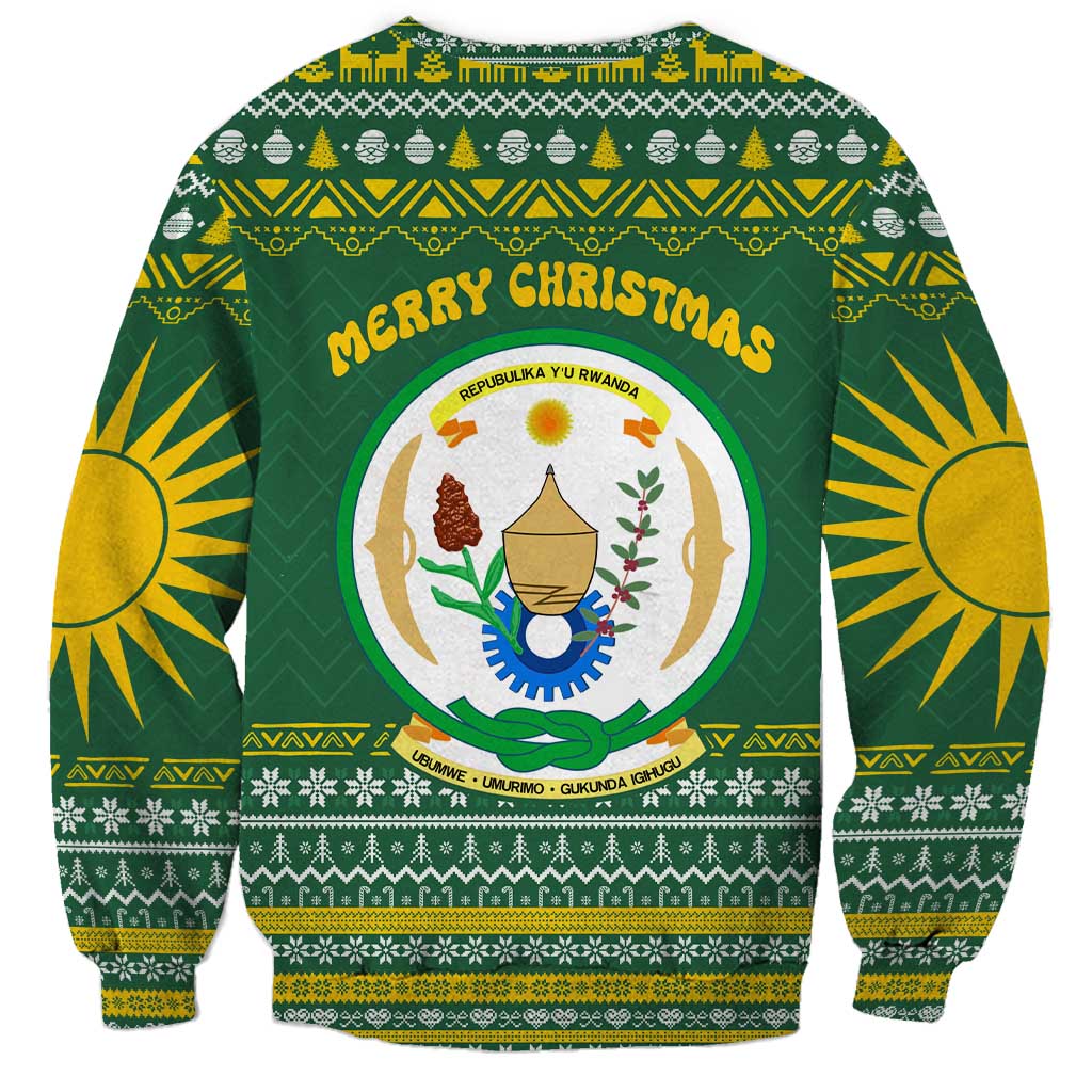 Rwanda Christmas Sweatshirt with Green-Yellow Pattern, National Emblem, and Radiant Sun Motif - Wonder Print Shop