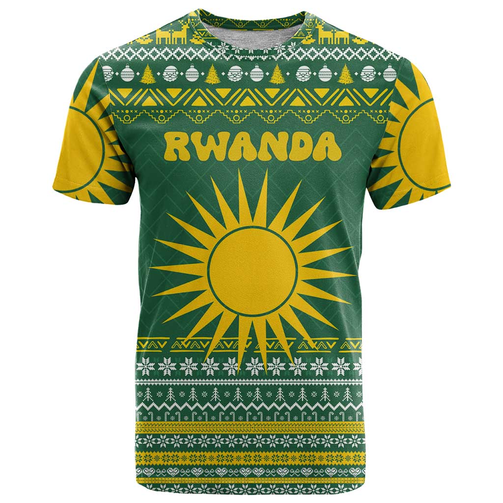 Rwanda Christmas T Shirt with Green-Yellow Pattern, National Emblem, and Radiant Sun Motif - Wonder Print Shop