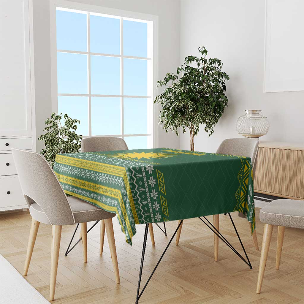 Rwanda Christmas Tablecloth with Green-Yellow Pattern, National Emblem, and Radiant Sun Motif - Wonder Print Shop
