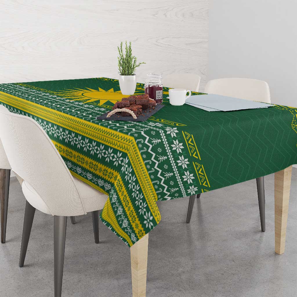 Rwanda Christmas Tablecloth with Green-Yellow Pattern, National Emblem, and Radiant Sun Motif - Wonder Print Shop