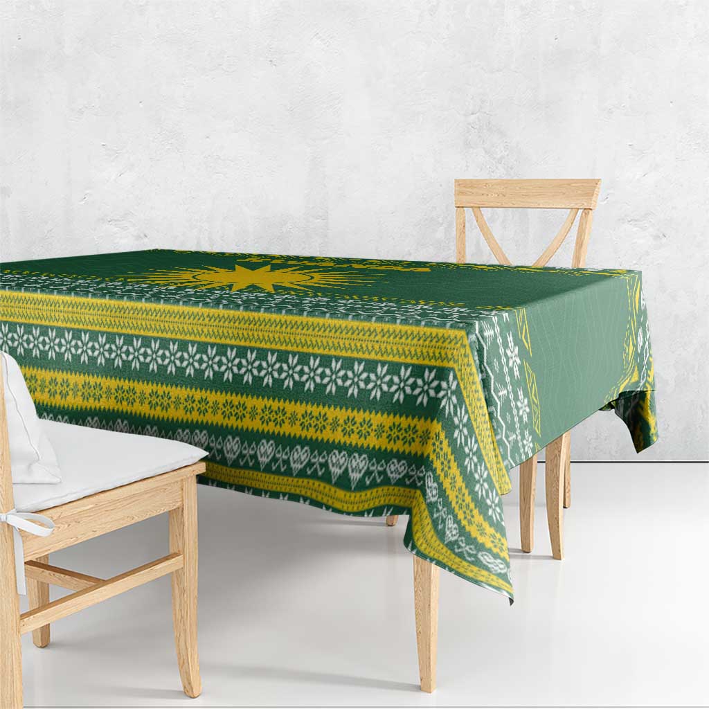 Rwanda Christmas Tablecloth with Green-Yellow Pattern, National Emblem, and Radiant Sun Motif - Wonder Print Shop