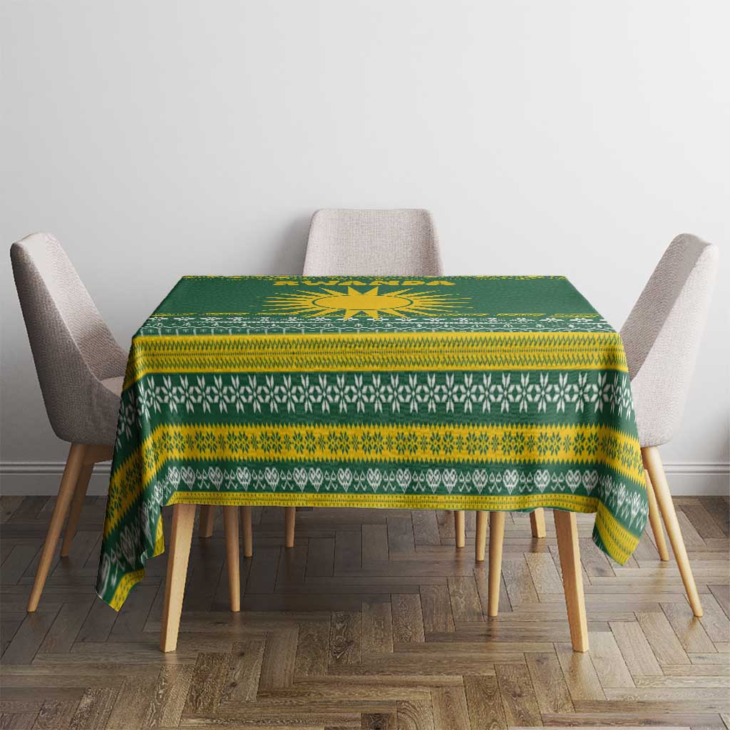 Rwanda Christmas Tablecloth with Green-Yellow Pattern, National Emblem, and Radiant Sun Motif - Wonder Print Shop