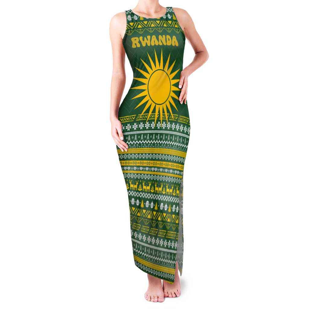 Rwanda Christmas Tank Maxi Dress with Green-Yellow Pattern, National Emblem, and Radiant Sun Motif - Wonder Print Shop