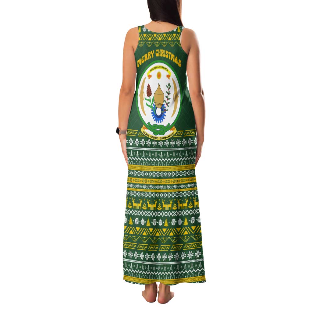 Rwanda Christmas Tank Maxi Dress with Green-Yellow Pattern, National Emblem, and Radiant Sun Motif - Wonder Print Shop