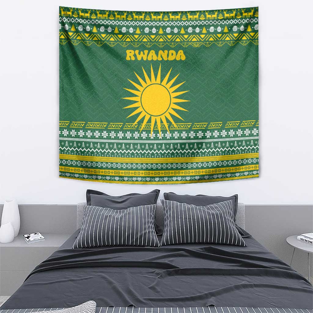 Rwanda Christmas Tapestry with Green-Yellow Pattern, National Emblem, and Radiant Sun Motif - Wonder Print Shop