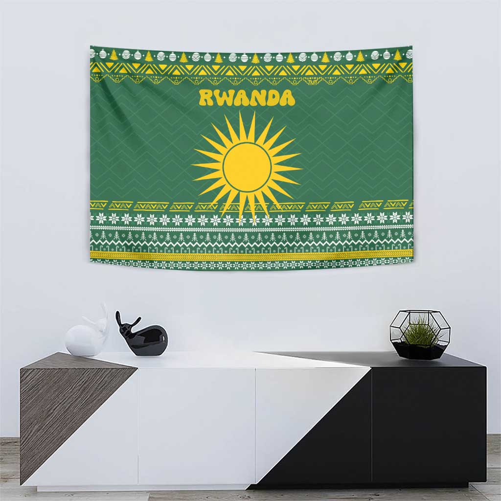 Rwanda Christmas Tapestry with Green-Yellow Pattern, National Emblem, and Radiant Sun Motif - Wonder Print Shop