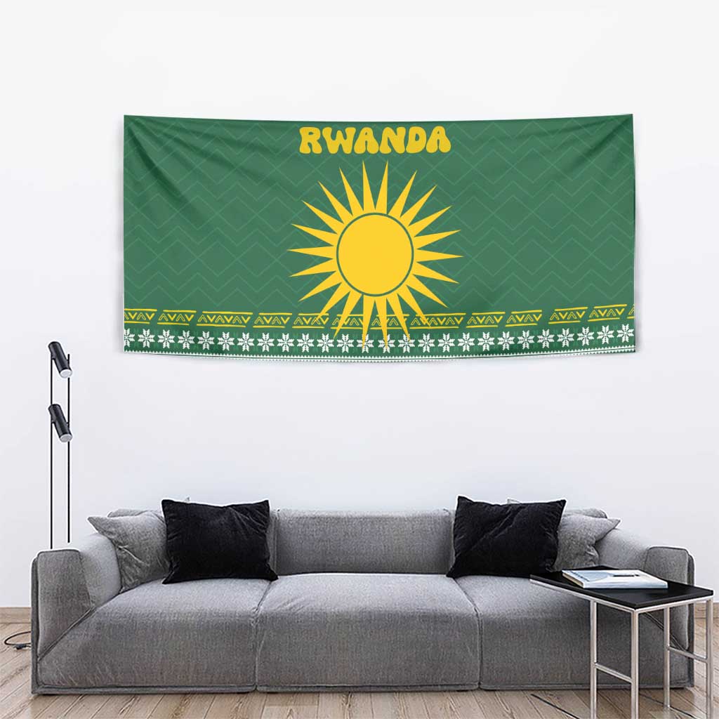 Rwanda Christmas Tapestry with Green-Yellow Pattern, National Emblem, and Radiant Sun Motif - Wonder Print Shop