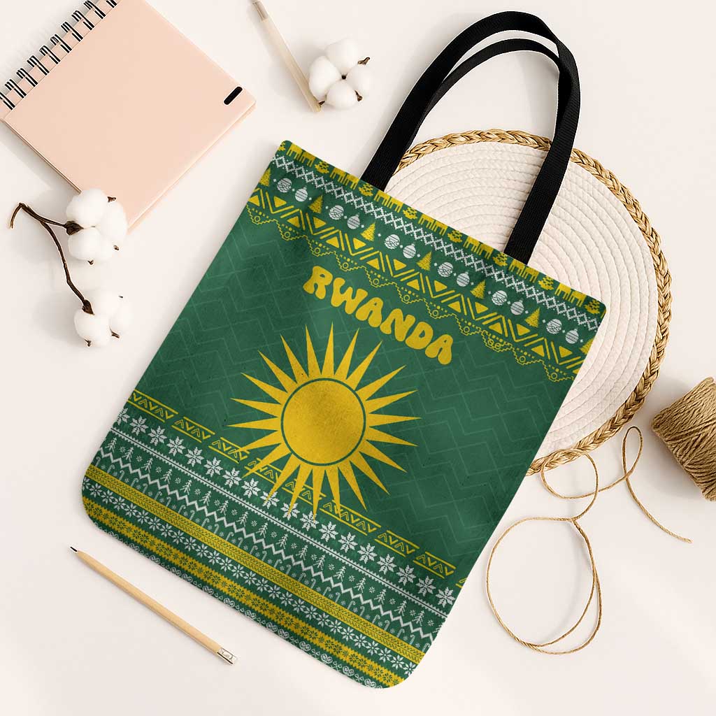 Rwanda Christmas Tote Bag with Green-Yellow Pattern, National Emblem, and Radiant Sun Motif - Wonder Print Shop