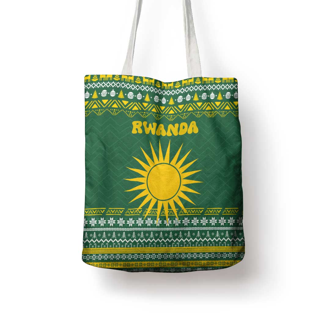 Rwanda Christmas Tote Bag with Green-Yellow Pattern, National Emblem, and Radiant Sun Motif - Wonder Print Shop