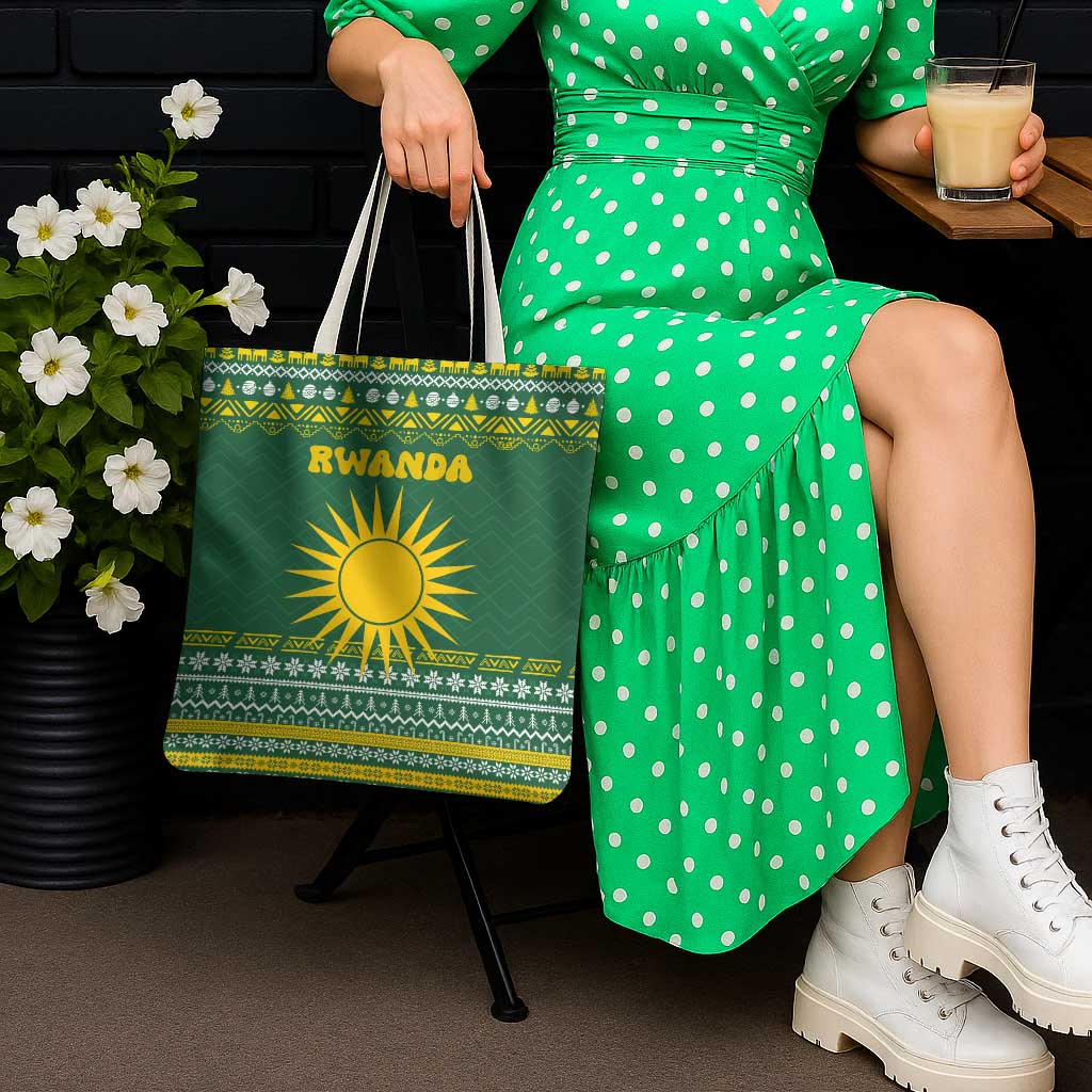 Rwanda Christmas Tote Bag with Green-Yellow Pattern, National Emblem, and Radiant Sun Motif - Wonder Print Shop