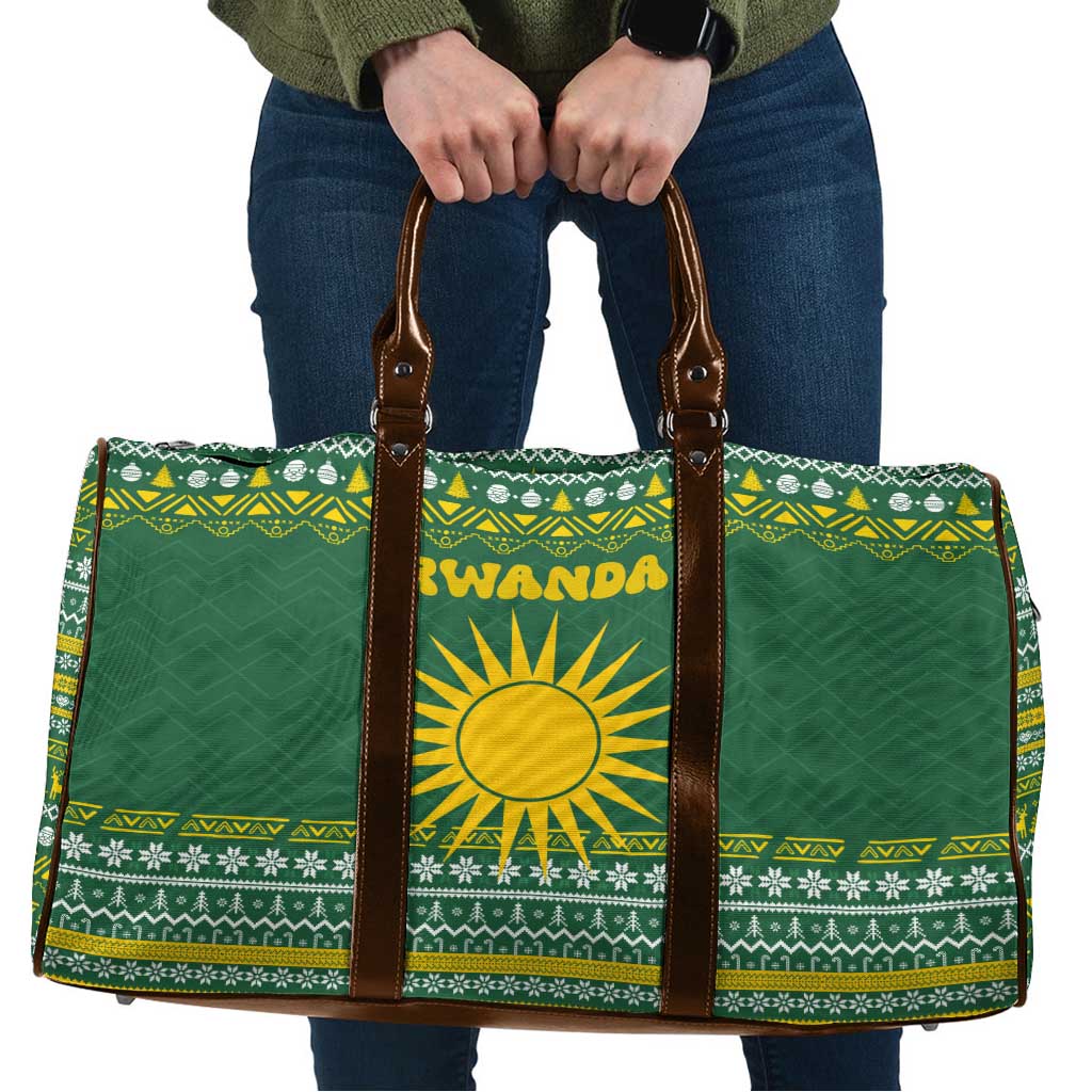 Rwanda Christmas Travel Bag with Green-Yellow Pattern, National Emblem, and Radiant Sun Motif - Wonder Print Shop