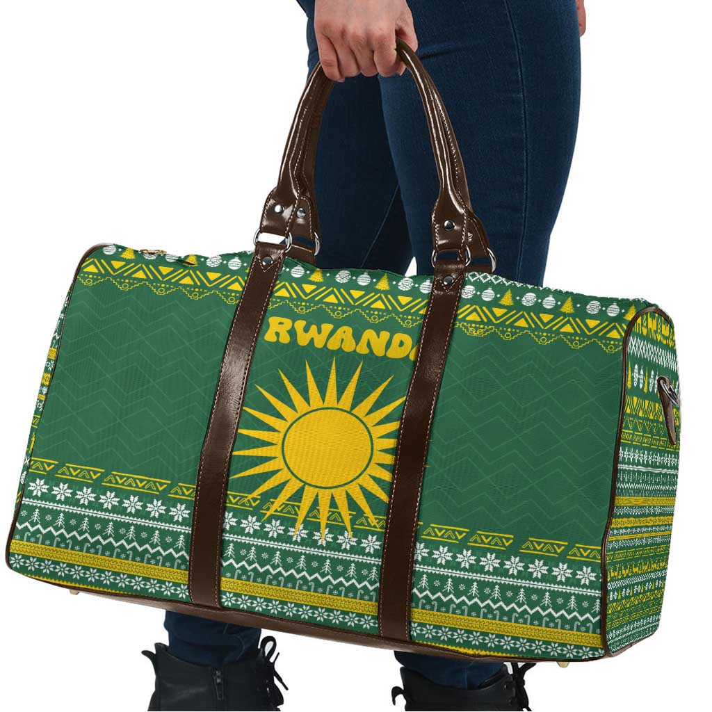 Rwanda Christmas Travel Bag with Green-Yellow Pattern, National Emblem, and Radiant Sun Motif - Wonder Print Shop