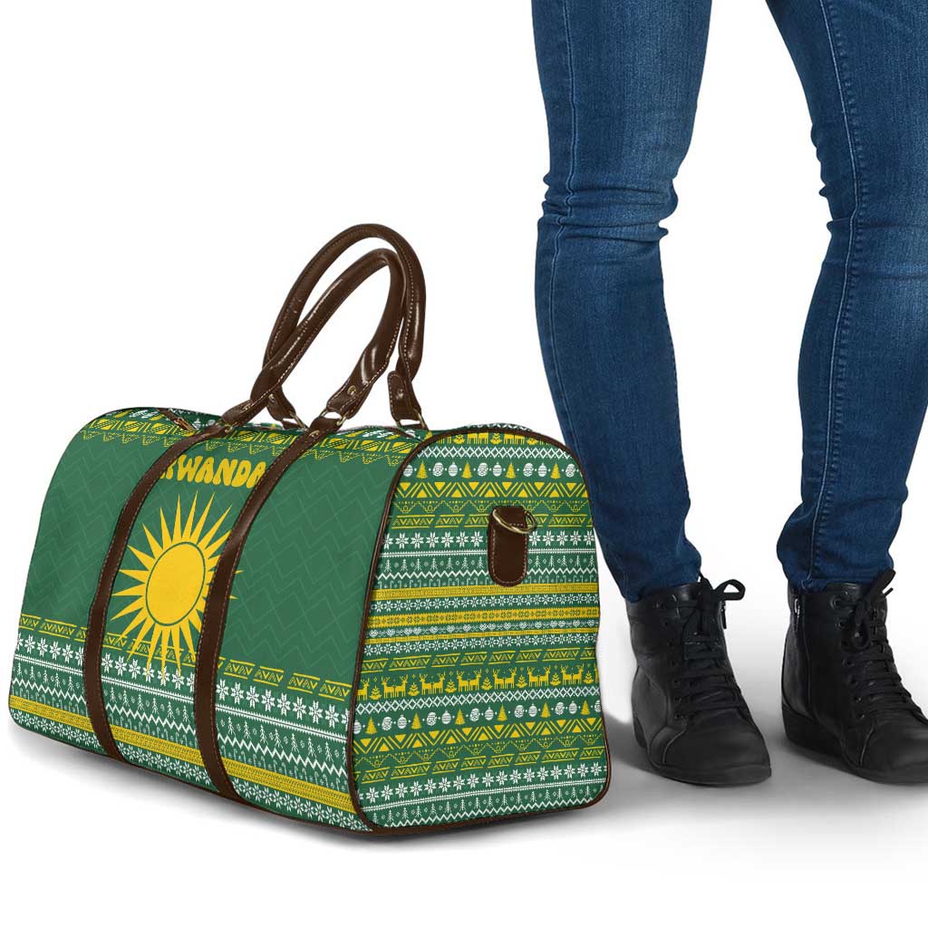 Rwanda Christmas Travel Bag with Green-Yellow Pattern, National Emblem, and Radiant Sun Motif - Wonder Print Shop