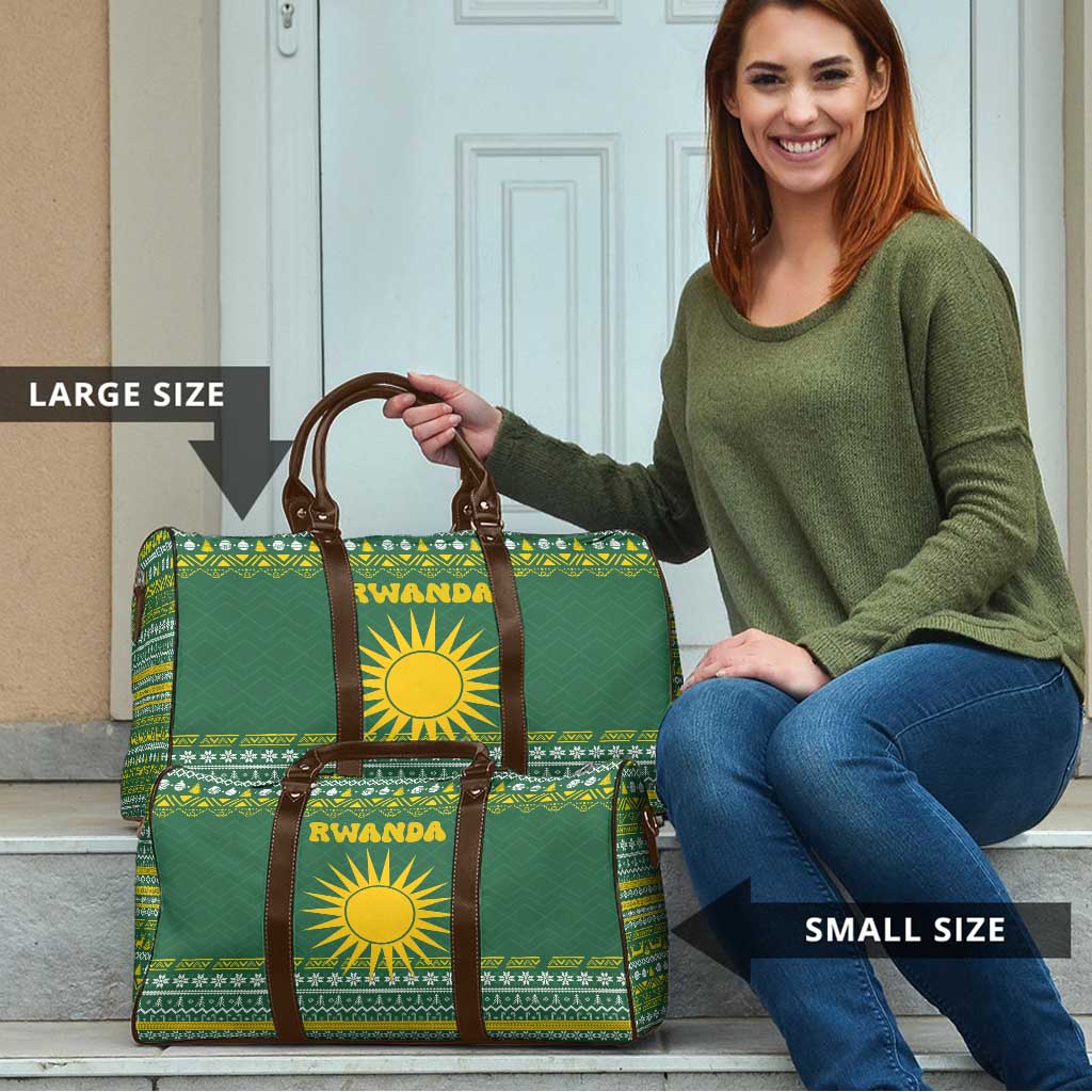 Rwanda Christmas Travel Bag with Green-Yellow Pattern, National Emblem, and Radiant Sun Motif - Wonder Print Shop