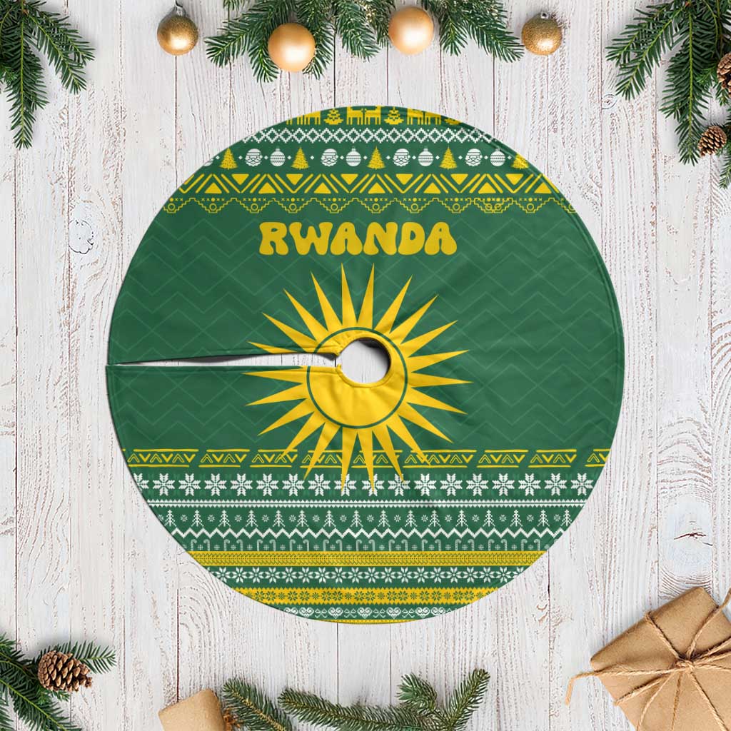 Rwanda Christmas Tree Skirt with Green-Yellow Pattern, National Emblem, and Radiant Sun Motif - Wonder Print Shop
