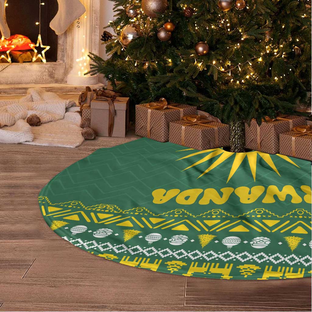 Rwanda Christmas Tree Skirt with Green-Yellow Pattern, National Emblem, and Radiant Sun Motif - Wonder Print Shop
