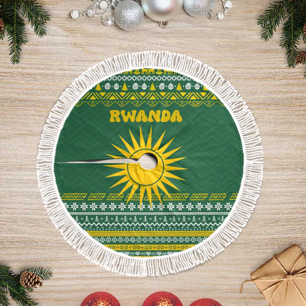 Rwanda Christmas Tree Skirt with Green-Yellow Pattern, National Emblem, and Radiant Sun Motif - Wonder Print Shop