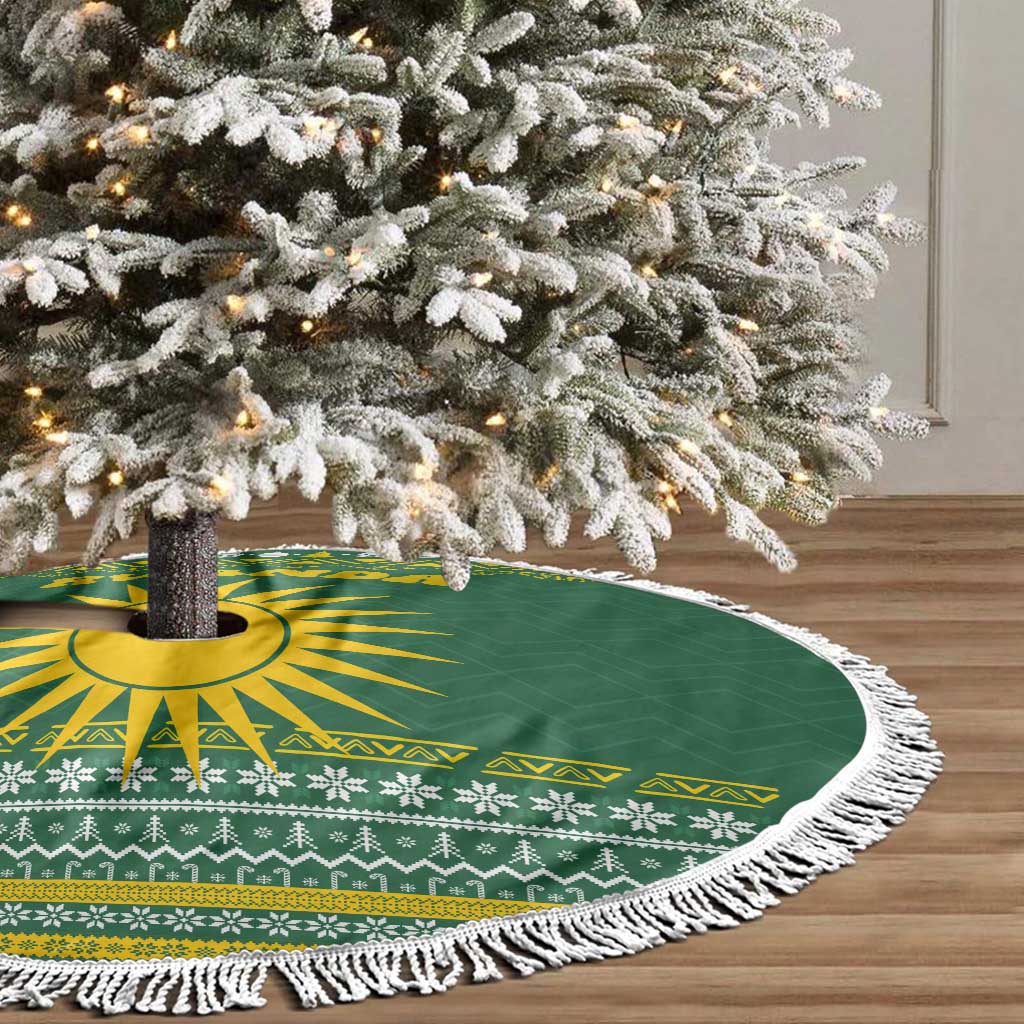 Rwanda Christmas Tree Skirt with Green-Yellow Pattern, National Emblem, and Radiant Sun Motif - Wonder Print Shop