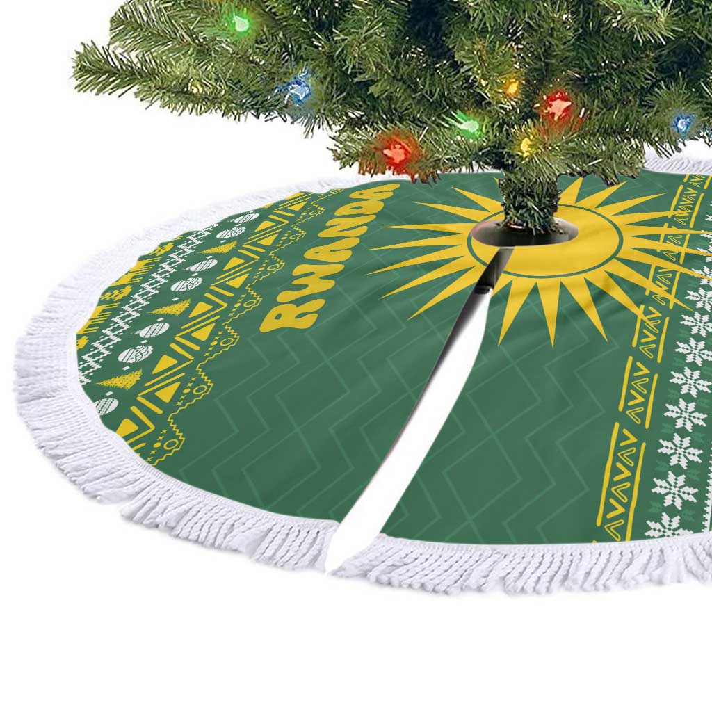 Rwanda Christmas Tree Skirt with Green-Yellow Pattern, National Emblem, and Radiant Sun Motif - Wonder Print Shop