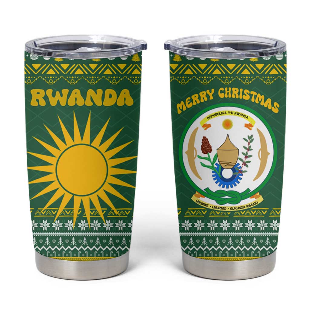 Rwanda Christmas Tumbler Cup with Green-Yellow Pattern, National Emblem, and Radiant Sun Motif - Wonder Print Shop