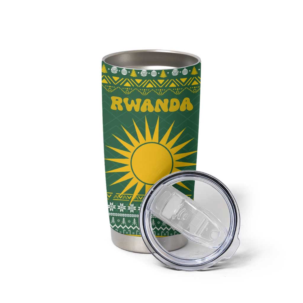 Rwanda Christmas Tumbler Cup with Green-Yellow Pattern, National Emblem, and Radiant Sun Motif - Wonder Print Shop