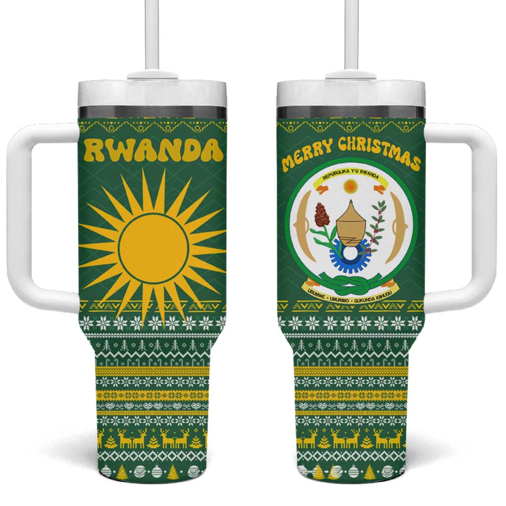 Rwanda Christmas Tumbler With Handle with Green-Yellow Pattern, National Emblem, and Radiant Sun Motif - Wonder Print Shop