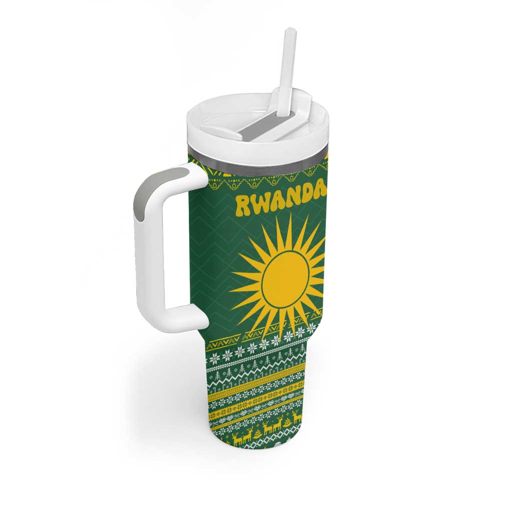 Rwanda Christmas Tumbler With Handle with Green-Yellow Pattern, National Emblem, and Radiant Sun Motif - Wonder Print Shop