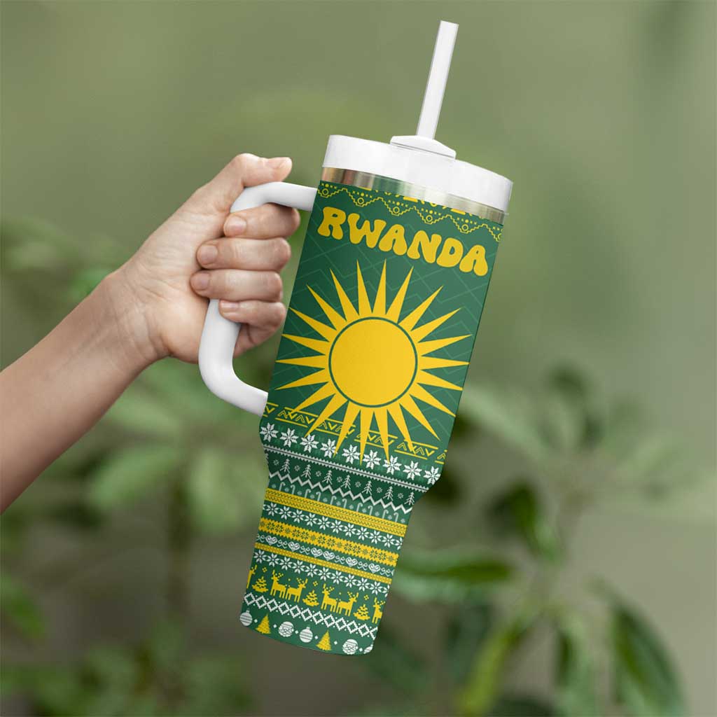 Rwanda Christmas Tumbler With Handle with Green-Yellow Pattern, National Emblem, and Radiant Sun Motif - Wonder Print Shop