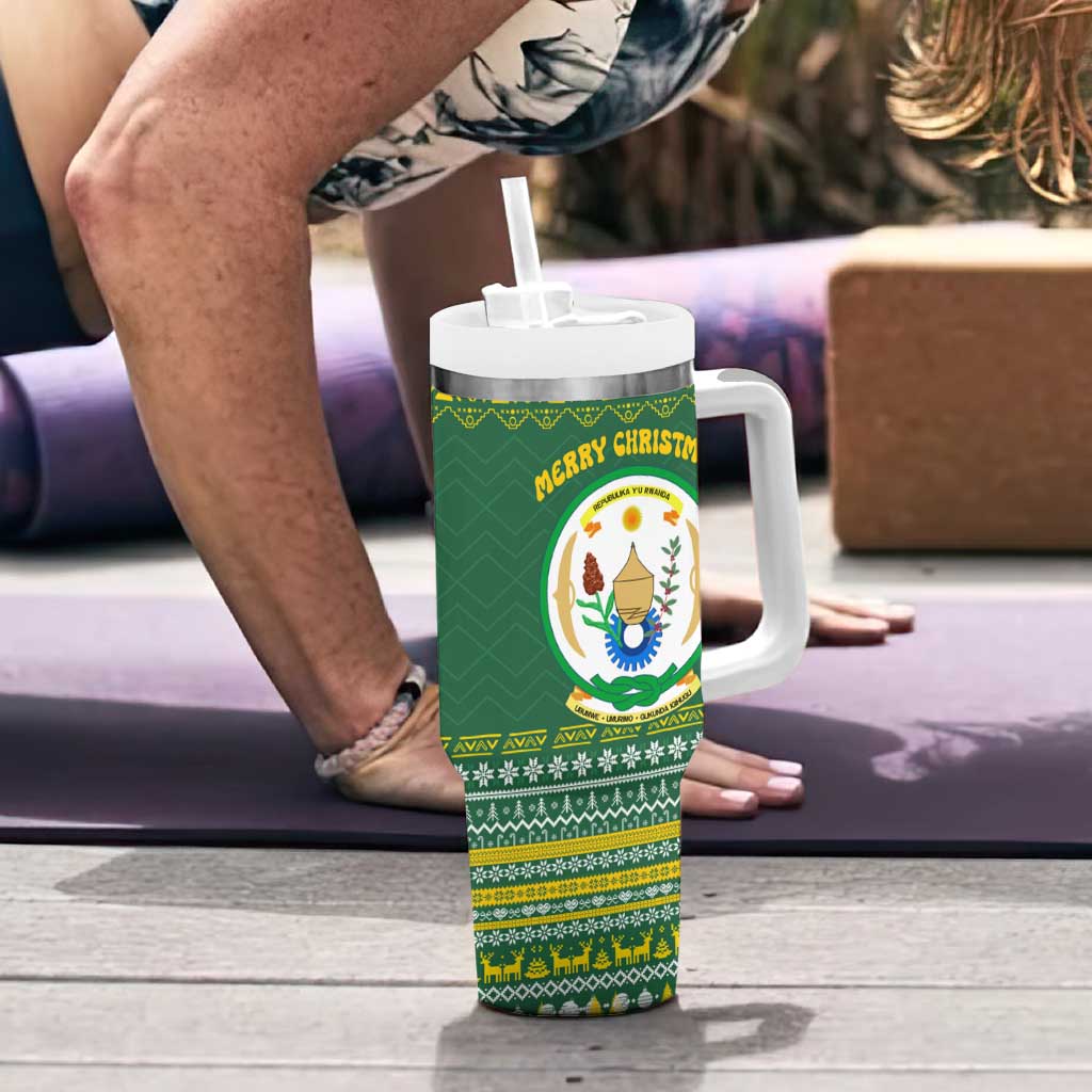 Rwanda Christmas Tumbler With Handle with Green-Yellow Pattern, National Emblem, and Radiant Sun Motif - Wonder Print Shop
