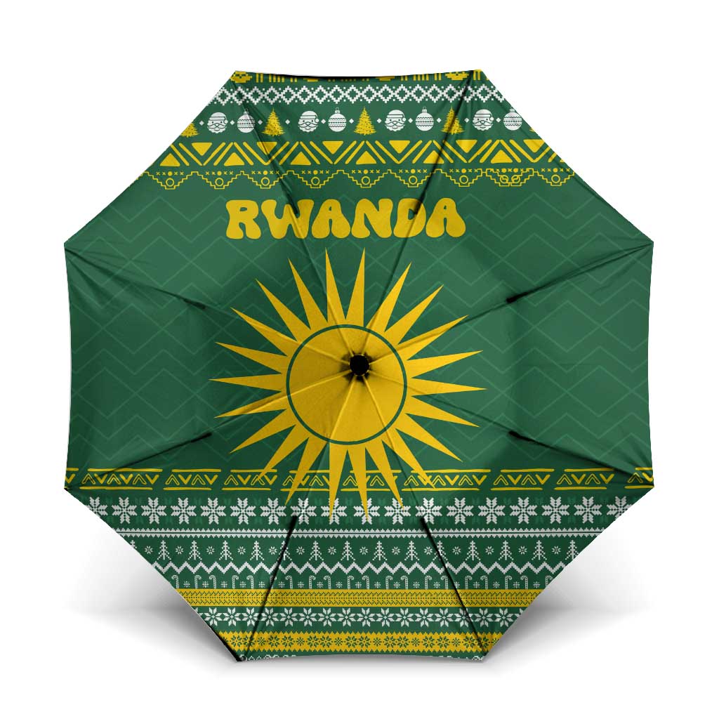Rwanda Christmas Umbrella with Green-Yellow Pattern, National Emblem, and Radiant Sun Motif - Wonder Print Shop