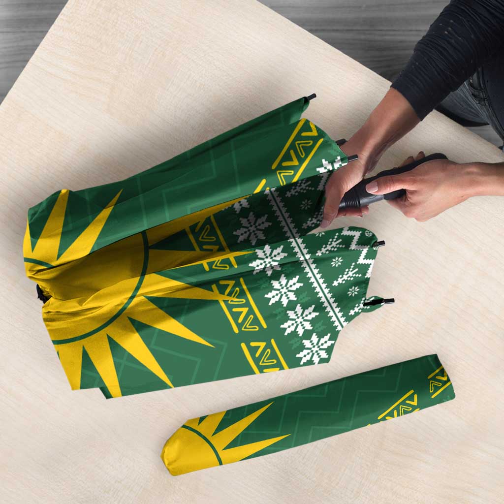 Rwanda Christmas Umbrella with Green-Yellow Pattern, National Emblem, and Radiant Sun Motif - Wonder Print Shop