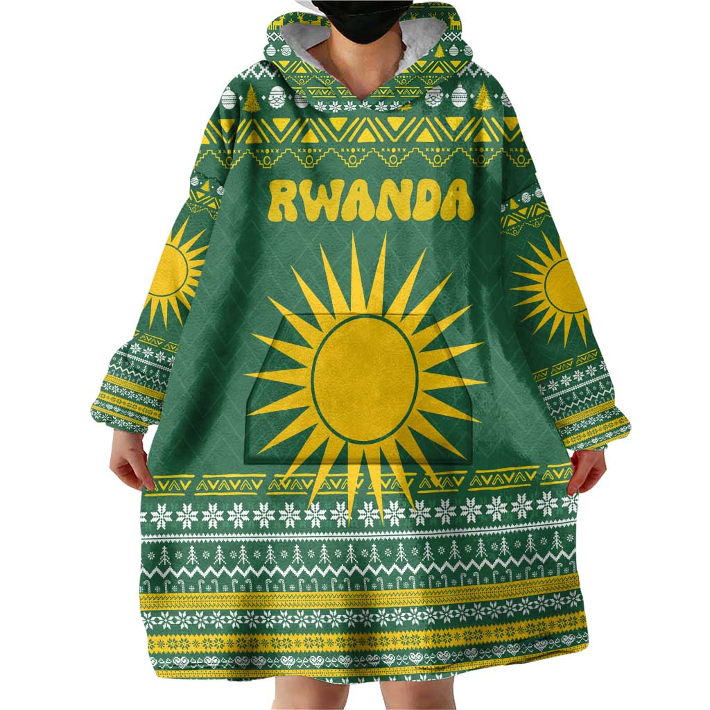 Rwanda Christmas Wearable Blanket Hoodie with Green-Yellow Pattern, National Emblem, and Radiant Sun Motif - Wonder Print Shop