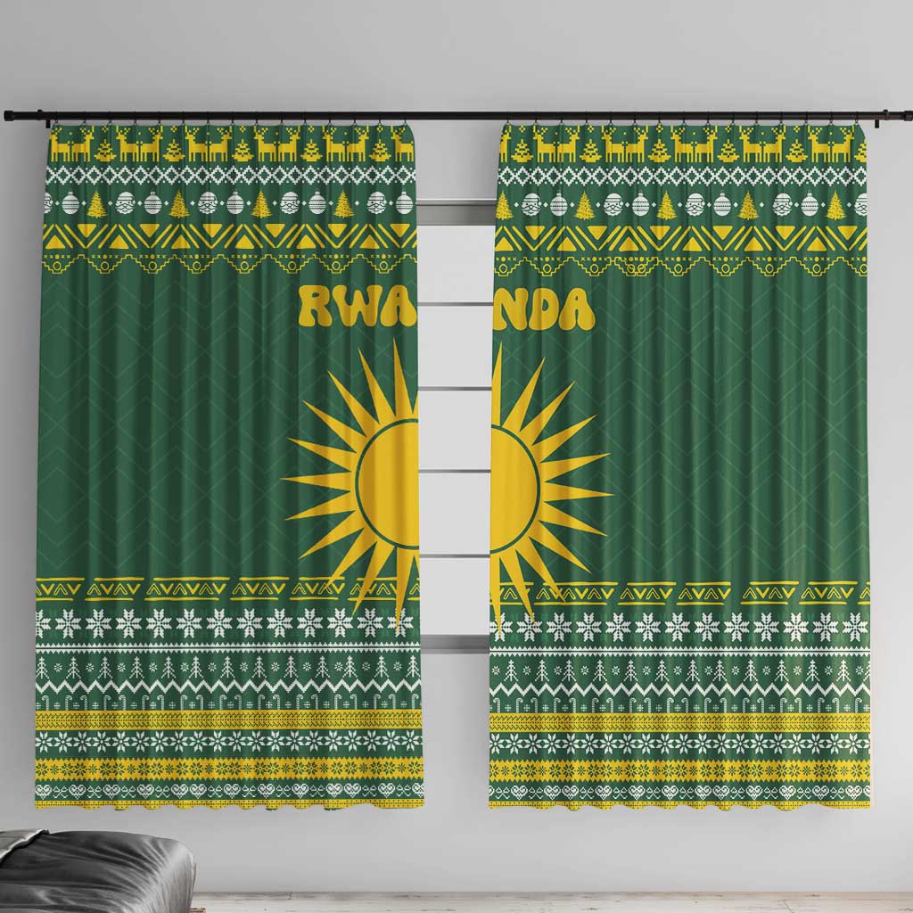 Rwanda Christmas Window Curtain with Green-Yellow Pattern, National Emblem, and Radiant Sun Motif - Wonder Print Shop