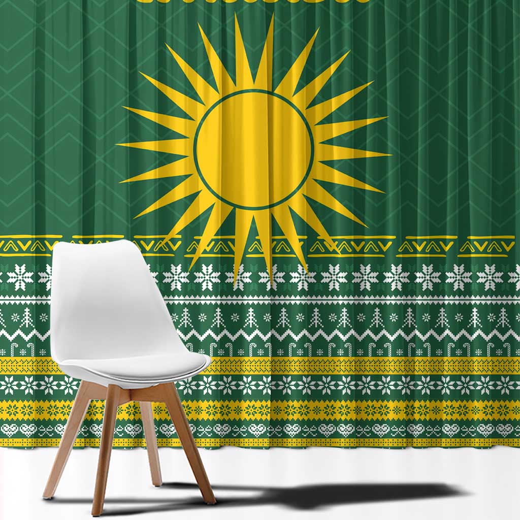 Rwanda Christmas Window Curtain with Green-Yellow Pattern, National Emblem, and Radiant Sun Motif - Wonder Print Shop