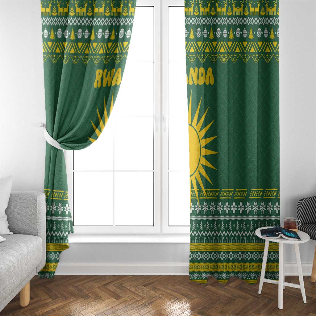Rwanda Christmas Window Curtain with Green-Yellow Pattern, National Emblem, and Radiant Sun Motif - Wonder Print Shop