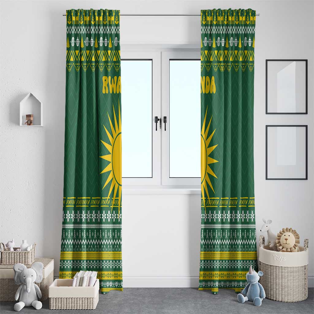 Rwanda Christmas Window Curtain with Green-Yellow Pattern, National Emblem, and Radiant Sun Motif - Wonder Print Shop