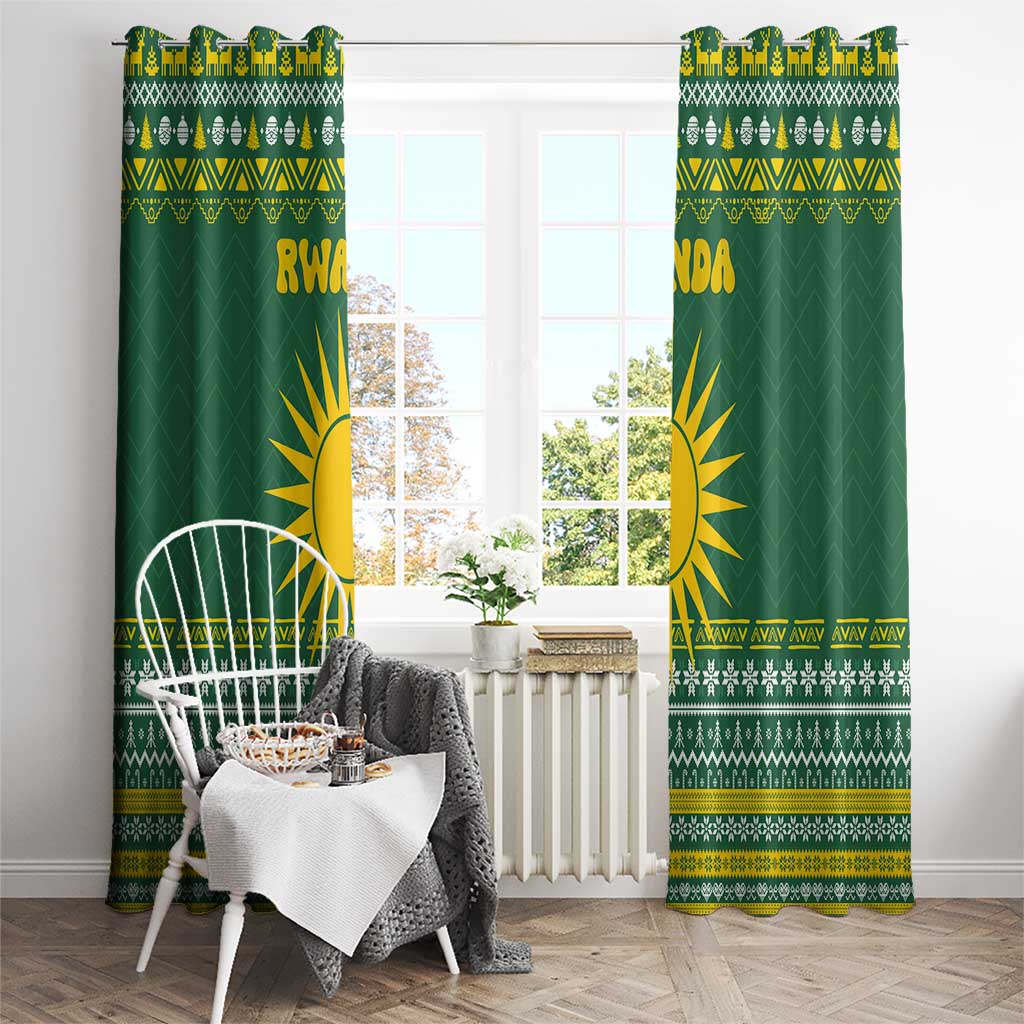 Rwanda Christmas Window Curtain with Green-Yellow Pattern, National Emblem, and Radiant Sun Motif - Wonder Print Shop