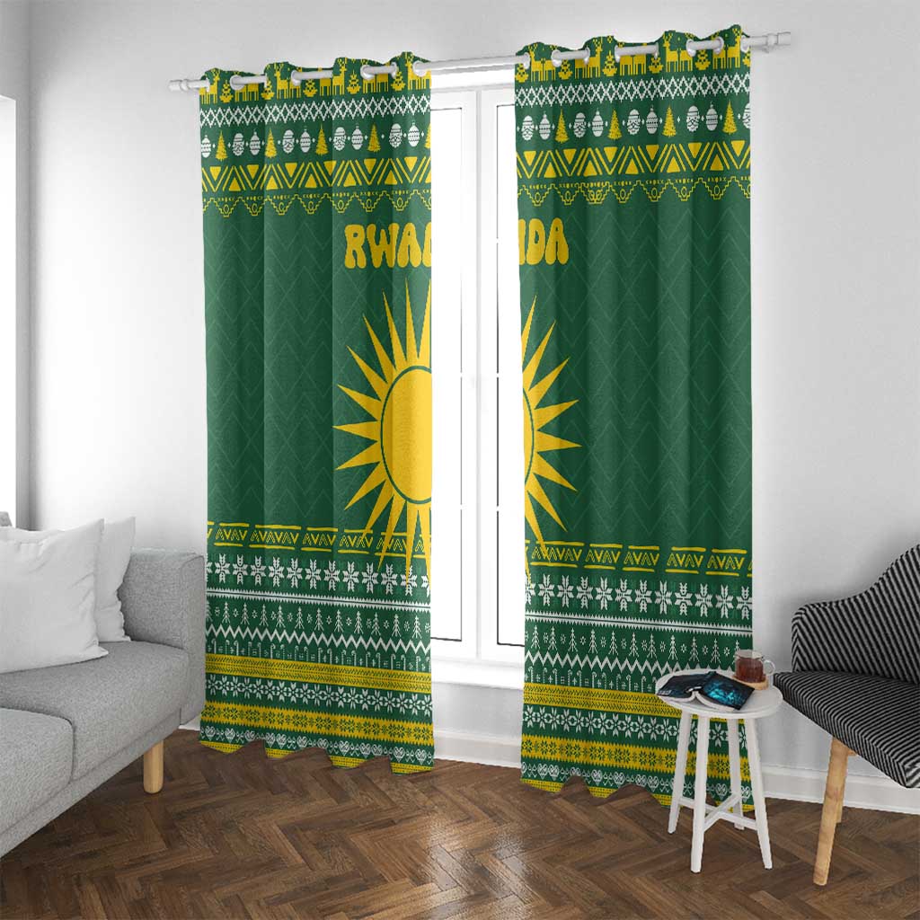 Rwanda Christmas Window Curtain with Green-Yellow Pattern, National Emblem, and Radiant Sun Motif - Wonder Print Shop