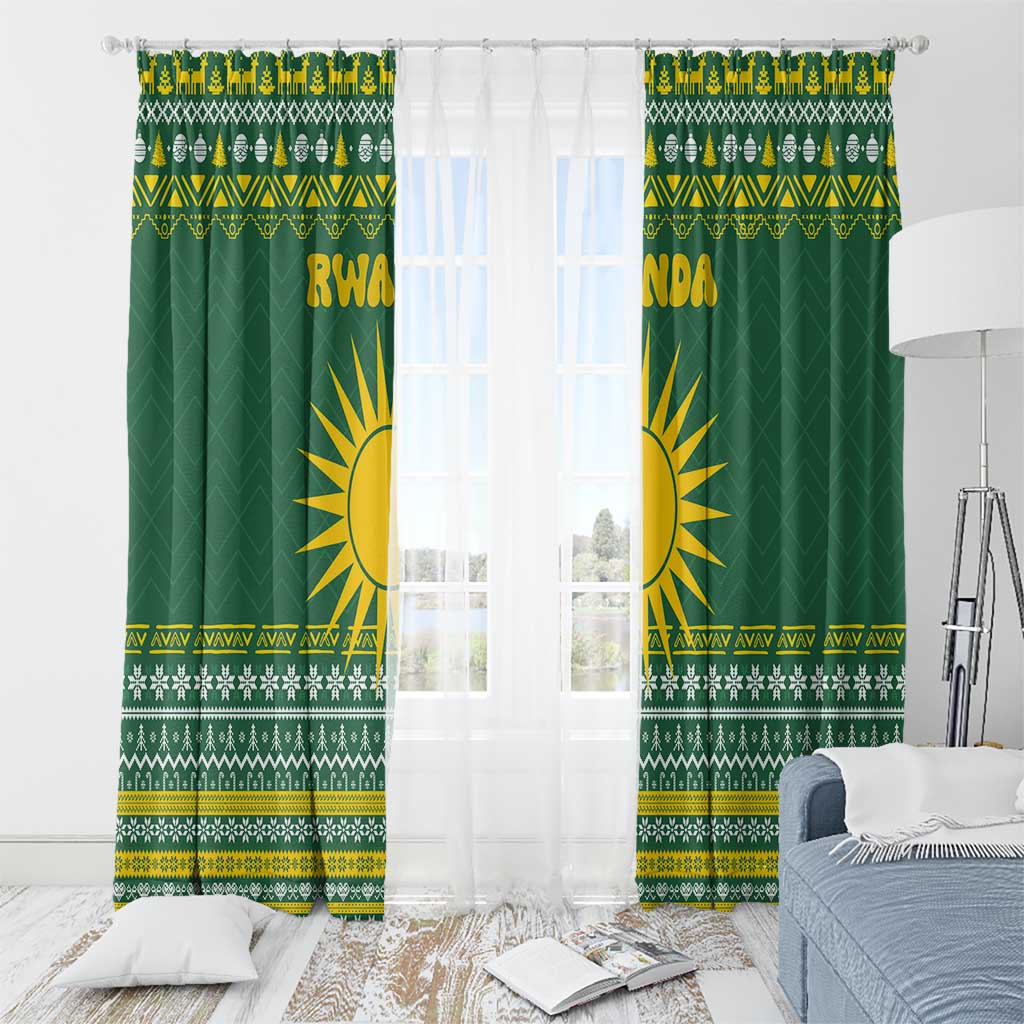 Rwanda Christmas Window Curtain with Green-Yellow Pattern, National Emblem, and Radiant Sun Motif - Wonder Print Shop