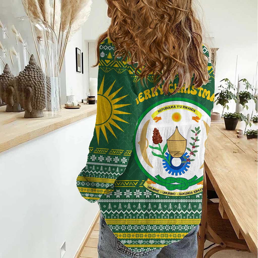 Rwanda Christmas Women Casual Shirt with Green-Yellow Pattern, National Emblem, and Radiant Sun Motif - Wonder Print Shop