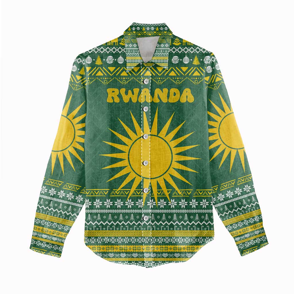 Rwanda Christmas Women Casual Shirt with Green-Yellow Pattern, National Emblem, and Radiant Sun Motif - Wonder Print Shop