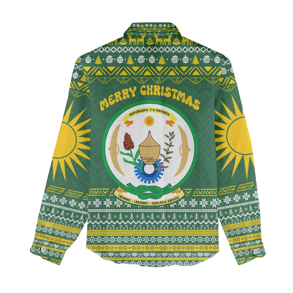 Rwanda Christmas Women Casual Shirt with Green-Yellow Pattern, National Emblem, and Radiant Sun Motif - Wonder Print Shop