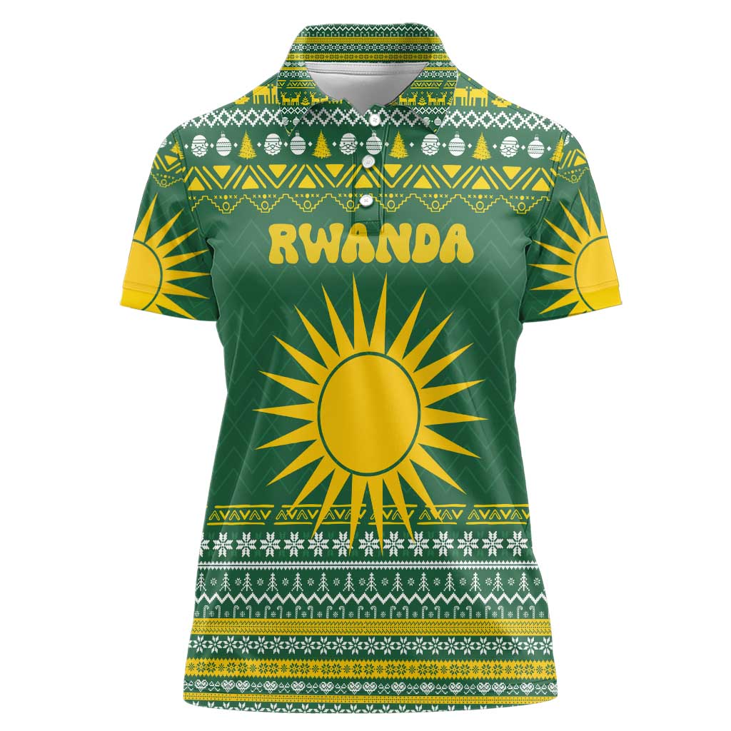 Rwanda Christmas Women Polo Shirt with Green-Yellow Pattern, National Emblem, and Radiant Sun Motif - Wonder Print Shop