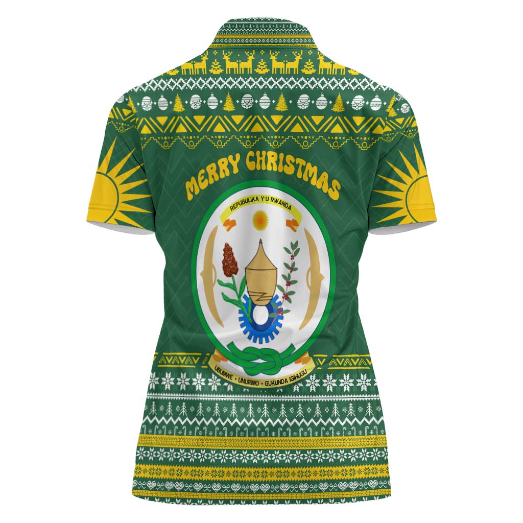 Rwanda Christmas Women Polo Shirt with Green-Yellow Pattern, National Emblem, and Radiant Sun Motif - Wonder Print Shop