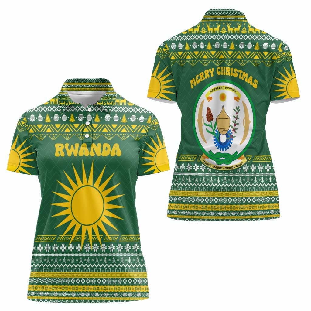Rwanda Christmas Women Polo Shirt with Green-Yellow Pattern, National Emblem, and Radiant Sun Motif - Wonder Print Shop