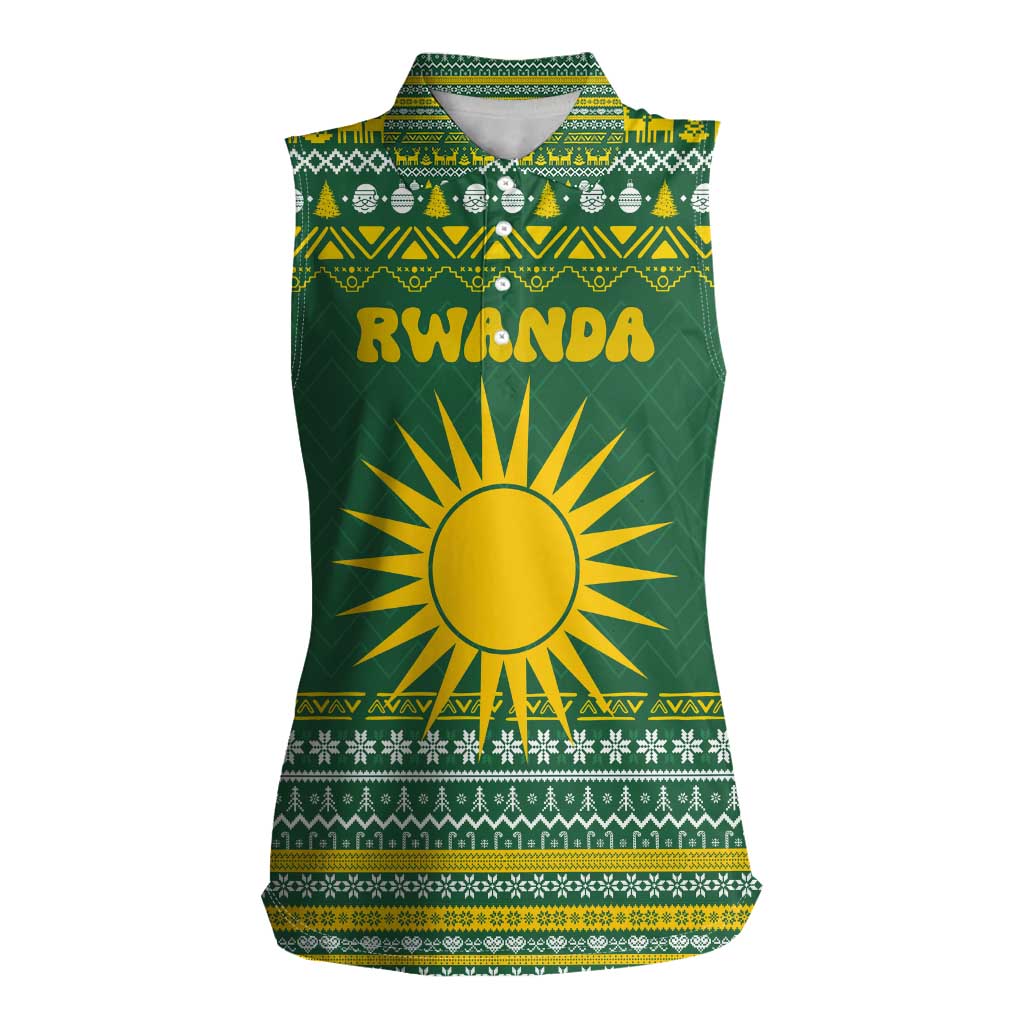 Rwanda Christmas Women Sleeveless Polo Shirt with Green-Yellow Pattern, National Emblem, and Radiant Sun Motif - Wonder Print Shop