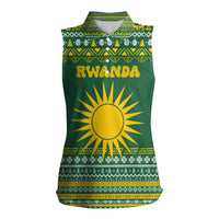 Rwanda Christmas Women Sleeveless Polo Shirt with Green-Yellow Pattern, National Emblem, and Radiant Sun Motif - Wonder Print Shop