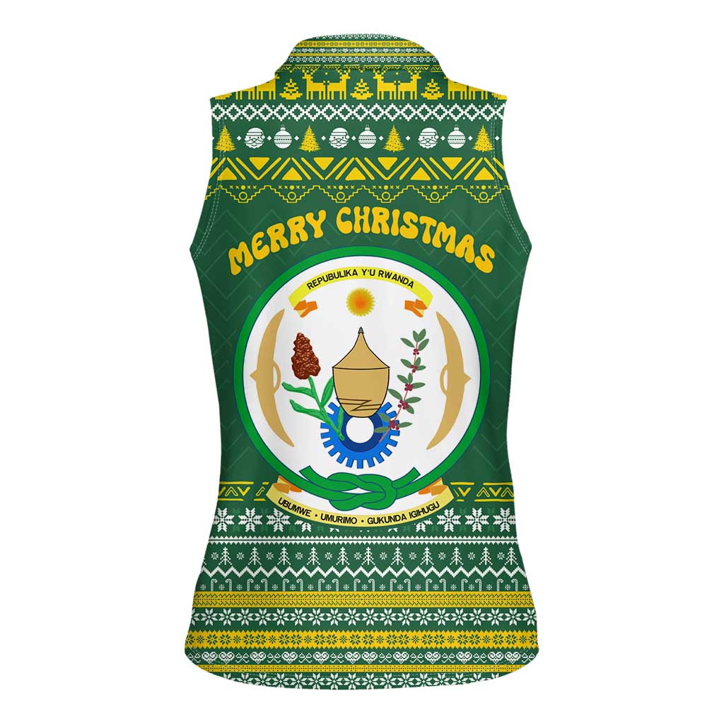 Rwanda Christmas Women Sleeveless Polo Shirt with Green-Yellow Pattern, National Emblem, and Radiant Sun Motif - Wonder Print Shop