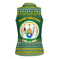 Rwanda Christmas Women Sleeveless Polo Shirt with Green-Yellow Pattern, National Emblem, and Radiant Sun Motif - Wonder Print Shop