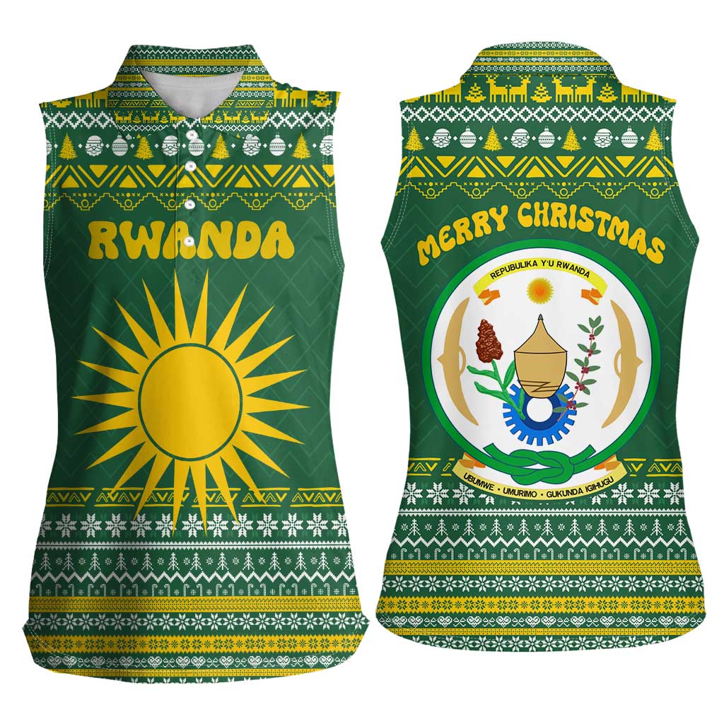 Rwanda Christmas Women Sleeveless Polo Shirt with Green-Yellow Pattern, National Emblem, and Radiant Sun Motif - Wonder Print Shop